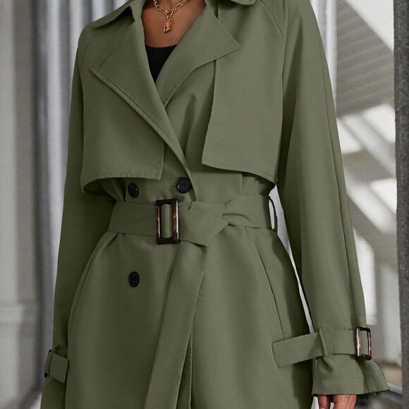 Army Green Casual Women's Raglan Sleeve Double Breasted Belted Trench Coat - Picture 2 of 4